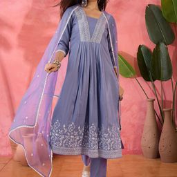Sangria Lavender Floral Embroidered V-Neck A-Line Kurta With Trousers And Dupatta-picture-16