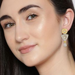 PRIVIU Gold-Plated American Diamond Studded Circular Shaped Drop Earrings-image-81
