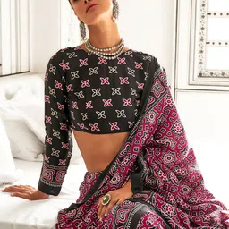 anouk rustic Anouk Ajrak Block Pure Crepe Block Print Saree image 4