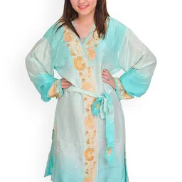Exotic India Aari Embroidery Aqua Double Shaded Short-Robe From Kashmir-43