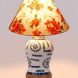 Devansh White Printed Wood Frusturical Shaped Table Lamp-17