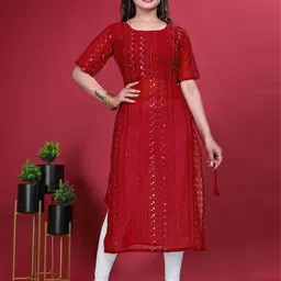 PARROT CREATION Ethnic Motifs Embroidered Mirror Work Straight Kurta-image-92