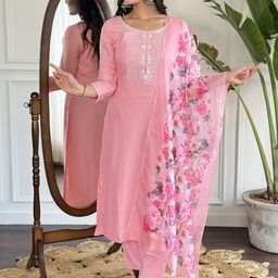 KALINI Floral Yoke Design Sequinned Kurta With Trousers & Dupatta-2