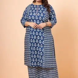 Tissu Plus Size Floral Printed Round Neck Indigo Pure Cotton Straight Kurta with Palazzos-18