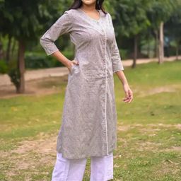 Vivika Floral Printed V-Neck Pure Cotton A-Line Kurta-image-81