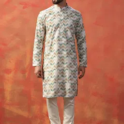 Prakatha Chevron Embroidered Mandarin Collar Sequinned Cotton Straight Kurta-image-85