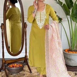 Kedar Fab Women Ethnic Motifs Embroidered Regular Thread Work Kurta with Palazzos & With Dupatta-image-87