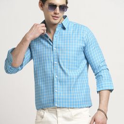 TRYBUY.IN Men Standard Spread Collar Windowpane Checked Cotton Casual Shirt-image-36