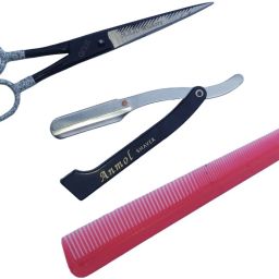 Combo of Hair Cutting Scissor, Comb and Straight Edge Razor Barber Shaving Razor Scissors-image-26