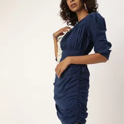 QUIERO Intense Navy Blue Solid Ruched Dress-image-30