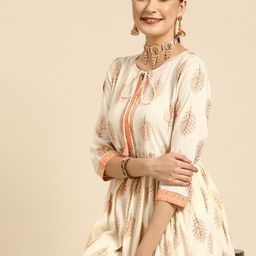 Sangria Women White & Orange Ethnic Motifs Printed Keyhole Neck Anarkali Kurta-image-98