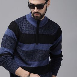 Roadster Men Blue & Black Block Stripes Acrylic Pullover-image-11
