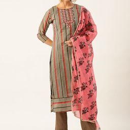 VAABA Women Grey Striped Thread Work Chanderi Silk Kurta with Trousers & With Dupatta-image-22