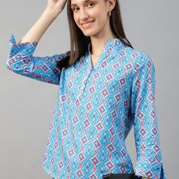 Hancock Women Print Mandarin Collar Ethnic Cotton Shirt Style Top-image-12