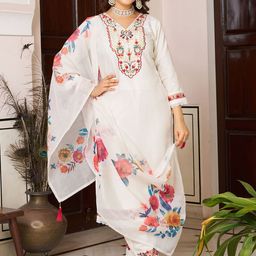 KALINI Embroidered Straight Thread Work Chanderi Silk Kurta With Trousers & Dupatta-image-34