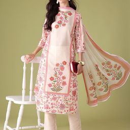 Anouk Floral Print Tie-Up Neck Lace Insert Kurta Set-48