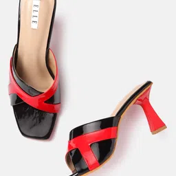 ELLE Black & Red Colourblocked Block Heels with Glossy Finish image 1