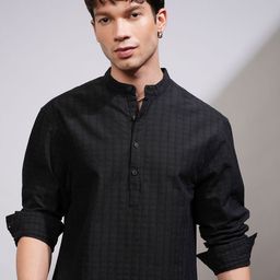 HIGHLANDER Men Relaxed Fit Band Collar Textured Cotton Casual Shirt-picture-7