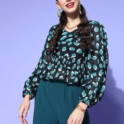plusS Women Black & Green Geometric Print Puff Sleeves Peplum Top-picture-11