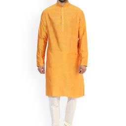 KISAH Men Orange Solid A-Line Kurta-image-6