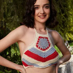 Athena Self Design Halter Neck Cotton Crochet Crop Fitted Top-35