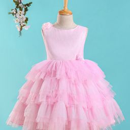Bluebell Sleeveless Layered Party Frock With Floral Applique & Glitter Print- Pink-image-10