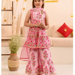 Pspeaches Sleeveless Lotus Flower Motif Printed Flared Kurta With Coordinating Gota Lace Embellished Sharara & Dupatta - Pink-image-12