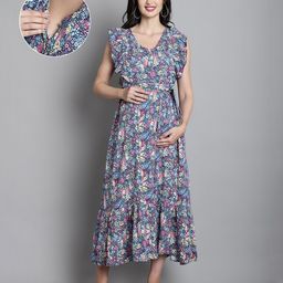 Moms Maternity Sleeveless Frill Detailed Seamless Floral Printed Maternity Maxi Dress With Nursing Access - Blue-image-2