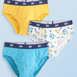 Honeyhap Premium  Single Jersey Knit Briefs Solid & Football Print Pack of 3 - Maize Yellow Bright White & Bachelor Button Blue-image-53
