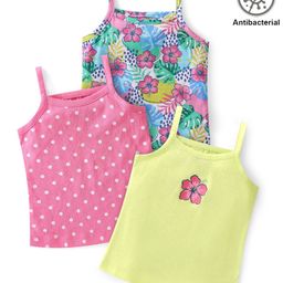 Babyhug 100% Cotton Antibacterial Sleeveless Slips with Floral & Polka Dots Print Pack Of 3 - Blue Pink & Yellow-image-111