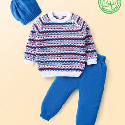 Babyhug Knitted Full Raglan Sleeves Pullover Sweater Set with Cap & Aztec Design - Blue-image-30