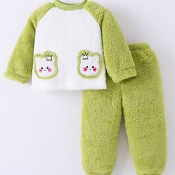 Kookie Kids Full Raglan Sleeves Winter Night Suit With Kitty Patch - Green-image-35