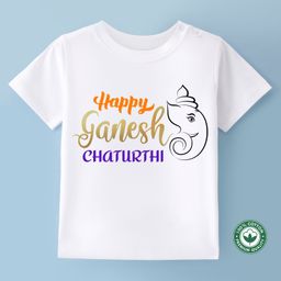 BLUSHES Ganesha Theme 100% Cotton Half Sleeve Ganesh Chaturthi Printed Tee-White-image-62