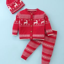 ToffyHouse Cotton Knitted Full Sleeves Front Open Sweater Set With Cap Animals & Argyle Design - Red-image-32