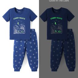 Honeyhap Premium 100% Cotton Knit Half Sleeves Night Suit With Bio Finish Glow In The Dark Stars Print - Navy-image-70