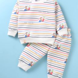Mini Taurus Fleece Knit Full Sleeves T-Shirt with Lounge Pant Winter Set Bunny Print - Off White-image-45
