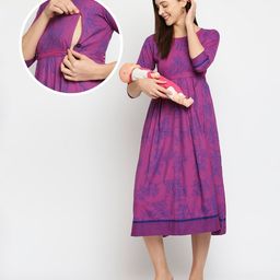 Dummy Shape Three Fourth Sleeves Floral Printed Flared Maternity Kurta With Concealed Zipper Nursing Access - Purple-image-70