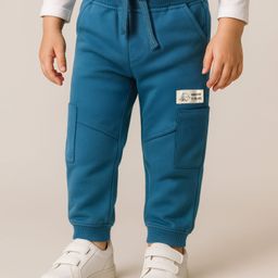 Babyhug Cotton Looper Knit Full Length Cut & Sew Lounge Pant with Patch Detailing - Teal Blue-picture-45