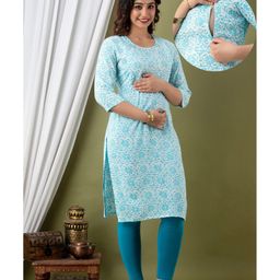 CeleBravo Rayon Three Fourth Sleeves Floral Printed Maternity Kurta With Nursing Access - Sky Blue-image-32