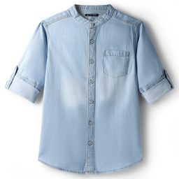 Pine Kids Denim Woven Manderin Collar Washed Full Sleeves Shirt - Light Blue-picture-28