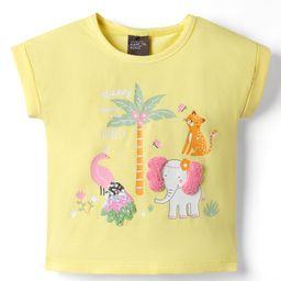 Little Kangaroos Cotton Knit Half Sleeves Jungle Theme Printed T-Shirt with Sequin & Embroidery Detailing - Yellow-image-71