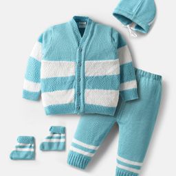 Babyhug Knit Full Sleeves Front Open Sweater Set with Stripe Design Cap with Knot & Booties - Blue & White-picture-33