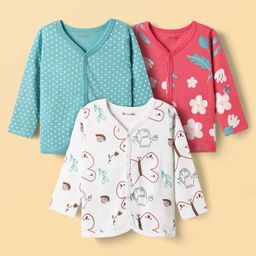 Kookie Kids Interlock Knit Full Sleeves Floral & Butterfly Printed Jhablas Pack of 3 - White Red & Blue-image-56