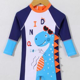 Babyhug Full Raglan Sleeves Legged Swimsuit With Dino Print - White-image-94