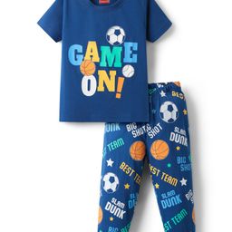 Babyhug Cotton Knit Half Sleeves Night Suit With Text & Football Print - Navy Blue-image-51