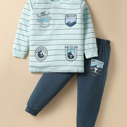 CUCUMBER Sinker Knit Full Sleeves Striped T-Shirt & Lounge Pant Set with Ski Theme Print - Aqua Blue-image-84