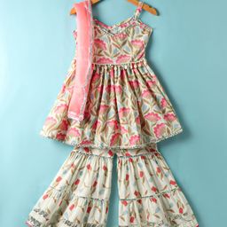 Teentaare Cotton Woven Sleeveless Floral Printed Kurti Gharara Set with Dupatta & Lace Detailing - Multicolor-image-12