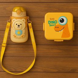 Badal Kidz Carnival Super Dino Lunch Box 2 Layer Stainless Steel Lunch Box and 1 plastic School Sipper - Yellow Brown-picture-6
