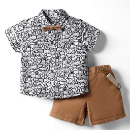 ToffyHouse Cotton Woven Half Sleeves Vehicle Printed Party Shirt & Shorts Set with Bow & Suspender - Brown-picture-24
