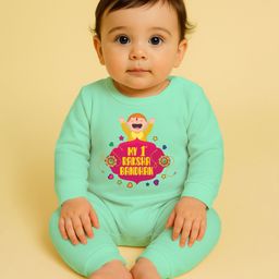 The Peppy Tend 100% Cotton Knit Rakshabandhan Theme Full Sleeves My 1st Rakshabandhan Text Printed Romper - Sea Green-image-54